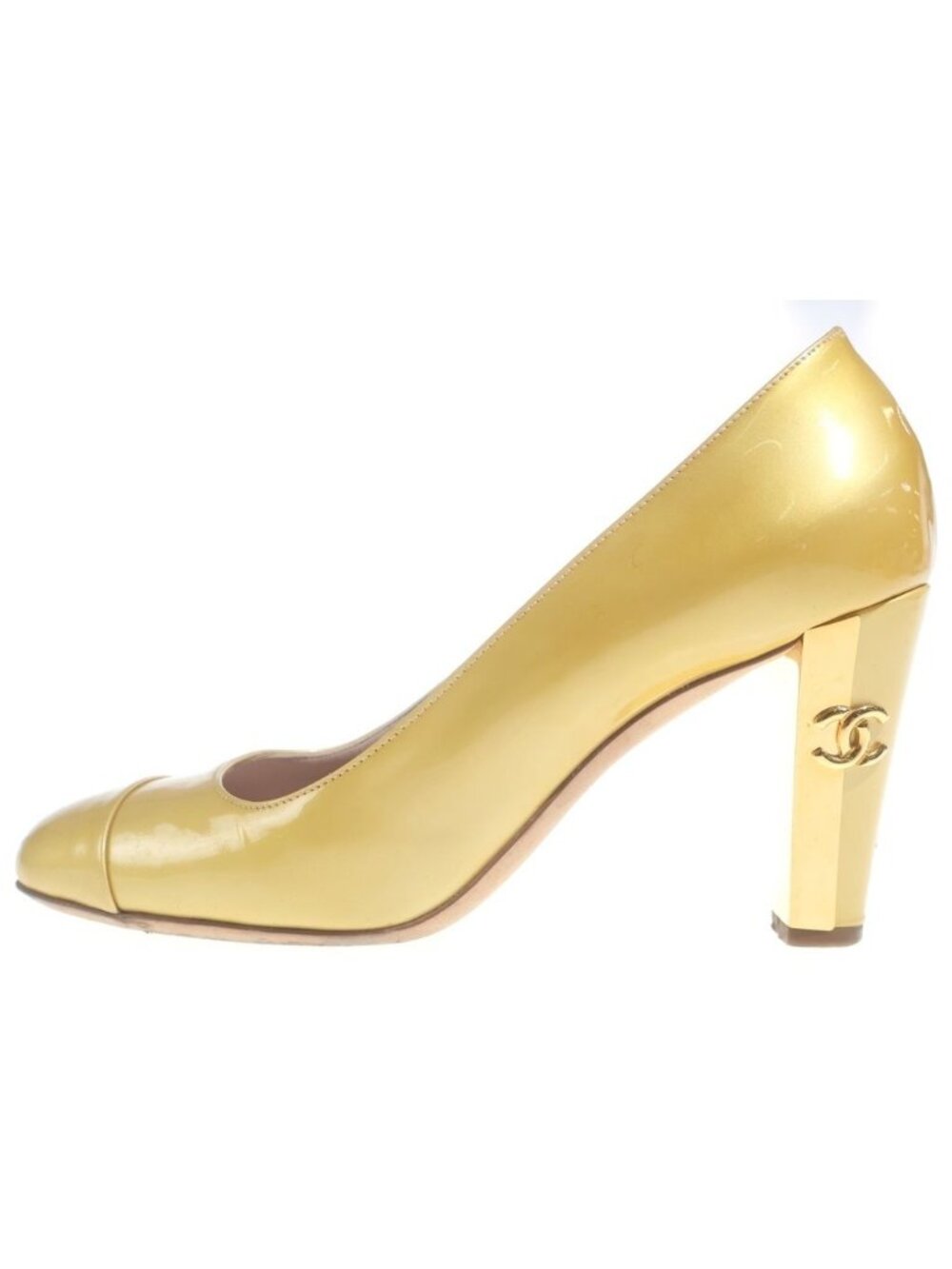 Chanel CC Logo Heels Shu Patent Leather Yellow